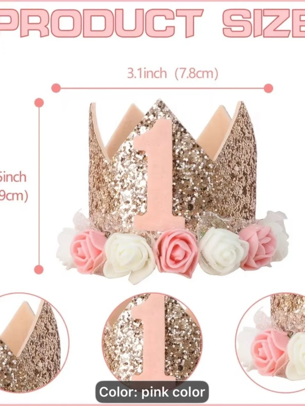 Glitter Pink 1st Birthday Crown Headband